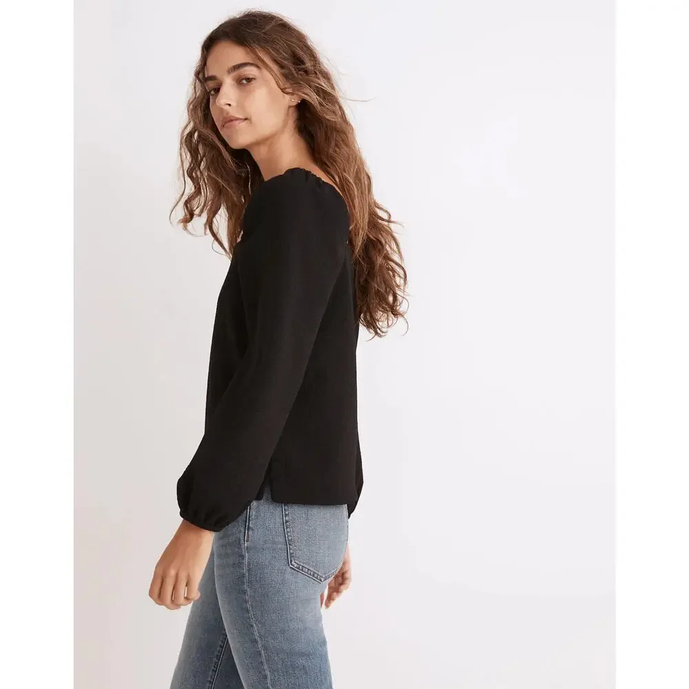 Madewell Crepe Square-Neck Puff-Sleeve Top True Black Size XXS